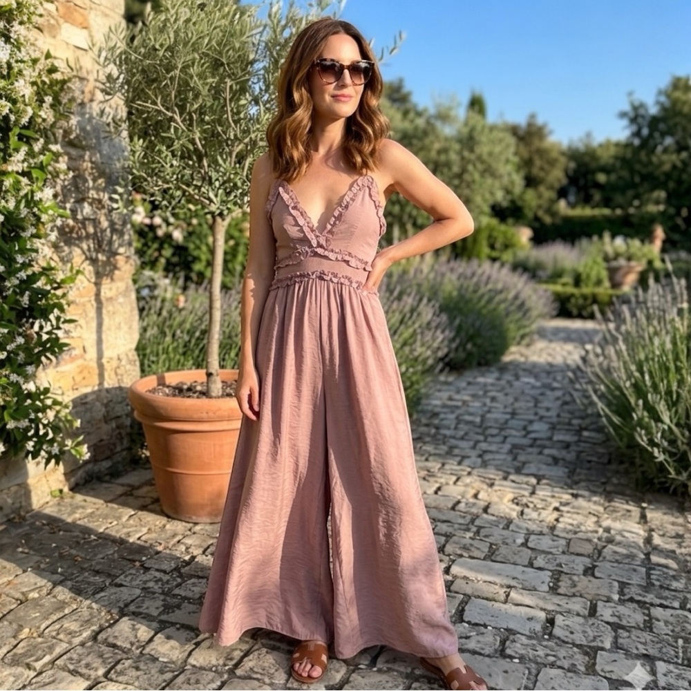 Selfie Leslie Mauve Ruffle Wide Leg Jumpsuit XS Boho Maxi Romper